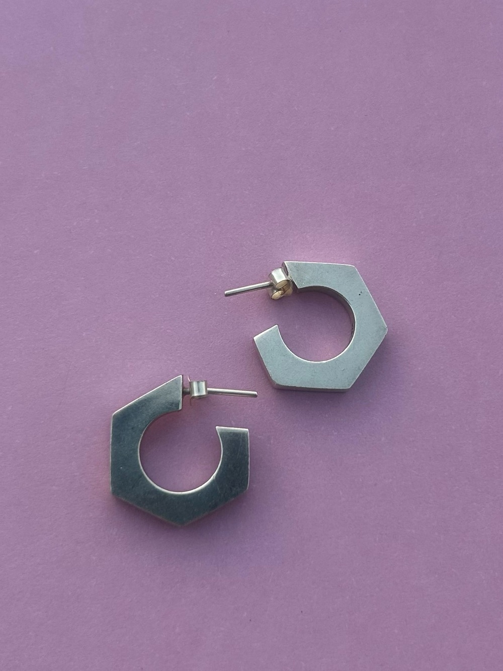 Cute Small Sterling Silver Geometric Hexagon Hoop Earrings Simple & Modern